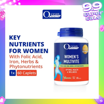 OCEAN HEALTH Women’s Multivite Caplet  (Supports Women's Optimal Health, including Immunity, Blood & Eye Health + With Folic Acid, Iron, Herbs & Phytonutrients + Vegetarian) 60s