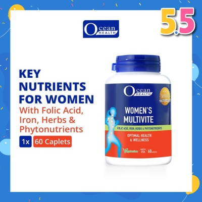 OCEAN HEALTH Women’s Multivite Caplet  (Supports Women's Optimal Health, including Immunity, Blood & Eye Health + With Folic Acid, Iron, Herbs & Phytonutrients + Vegetarian) 60s