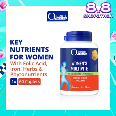 OCEAN HEALTH Women’s Multivite Caplet  (Supports Women's Optimal Health, including Immunity, Blood & Eye Health + With Folic Acid, Iron, Herbs & Phytonutrients + Vegetarian) 60s
