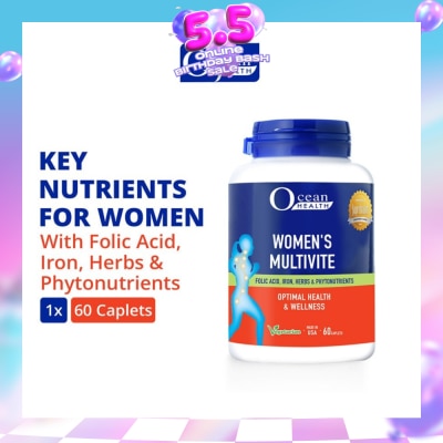 OCEAN HEALTH - Women’s Multivite Caplet  (Supports Women's Optimal Health, including Immunity, Blood & Eye Health + With Folic Acid, Iron, Herbs & Phytonutrients + Vegetarian) 60s
