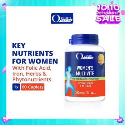 OCEAN HEALTH Women’s Multivite Caplet  (Supports Women's Optimal Health, including Immunity, Blood & Eye Health + With Folic Acid, Iron, Herbs & Phytonutrients + Vegetarian) 60s