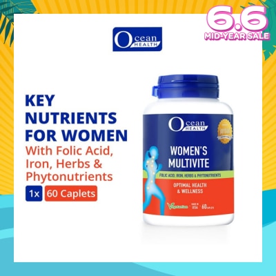 OCEAN HEALTH Women’s Multivite Caplet  (Supports Women's Optimal Health, including Immunity, Blood & Eye Health + With Folic Acid, Iron, Herbs & Phytonutrients + Vegetarian) 60s