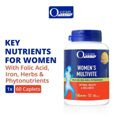 OCEAN HEALTH Women’s Multivite Caplet  (Supports Women's Optimal Health, including Immunity, Blood & Eye Health + With Folic Acid, Iron, Herbs & Phytonutrients + Vegetarian) 60s