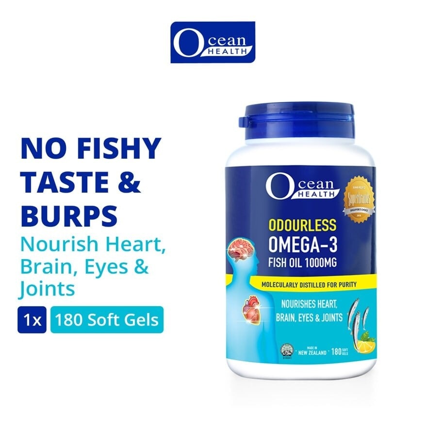 Odourless Omega-3 Fish Oil Softgel 1000mg (For Heart, Brain, Eyes & Joints + Halal) 180s