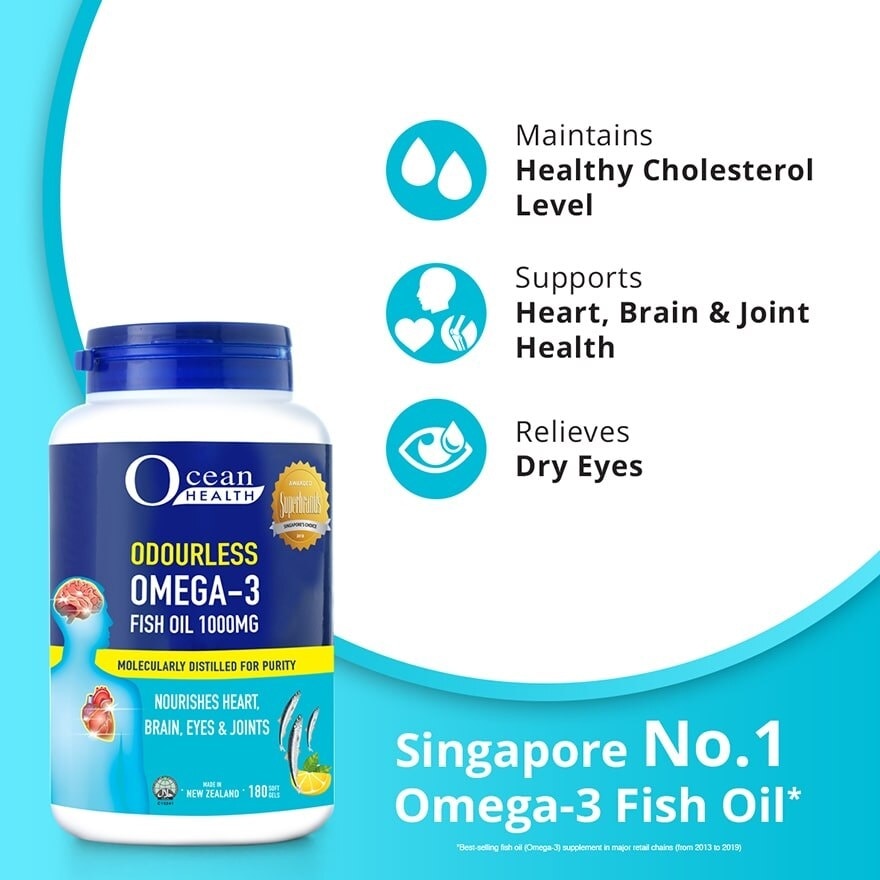 Odourless Omega-3 Fish Oil Softgel 1000mg (For Heart, Brain, Eyes & Joints + Halal) 180s