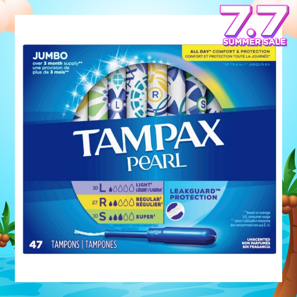 Pearl Plastic Unscented Tampon Jumbo Triple Packset consists of Light 10s + Regular 27s +  Super 10s