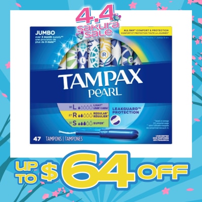 TAMPAX - Pearl Plastic Unscented Tampon Jumbo Triple Packset consists of Light 10s + Regular 27s + Super 10s