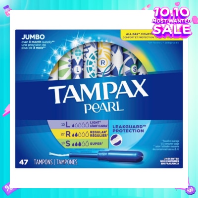 TAMPAX Pearl Plastic Unscented Tampon Jumbo Triple Packset consists of Light 10s + Regular 27s +  Super 10s