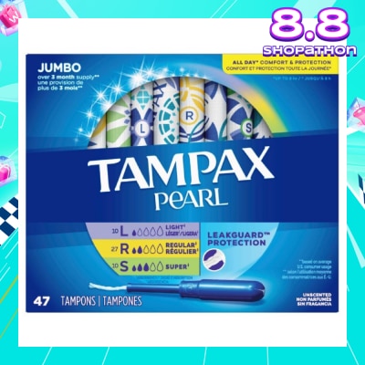 TAMPAX Pearl Plastic Unscented Tampon Jumbo Triple Packset consists of Light 10s + Regular 27s +  Super 10s