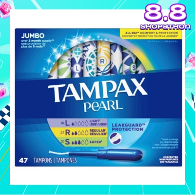 TAMPAX Pearl Plastic Unscented Tampon Jumbo Triple Packset consists of Light 10s + Regular 27s +  Super 10s