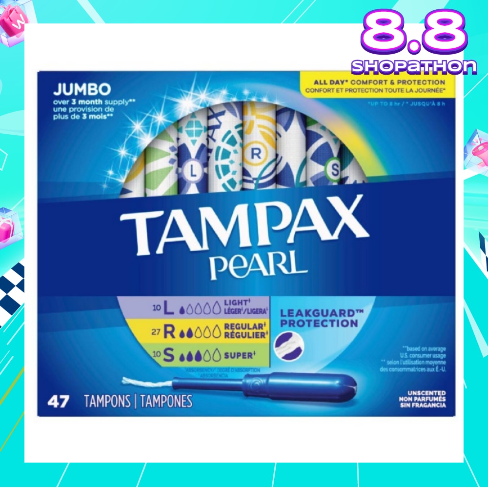 Pearl Plastic Unscented Tampon Jumbo Triple Packset consists of Light 10s + Regular 27s +  Super 10s