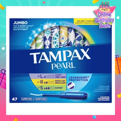 TAMPAX Pearl Plastic Unscented Tampon Jumbo Triple Packset consists of Light 10s + Regular 27s +  Super 10s