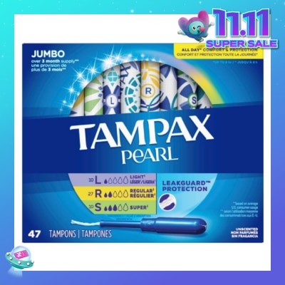 TAMPAX Pearl Plastic Unscented Tampon Jumbo Triple Packset consists of Light 10s + Regular 27s +  Super 10s