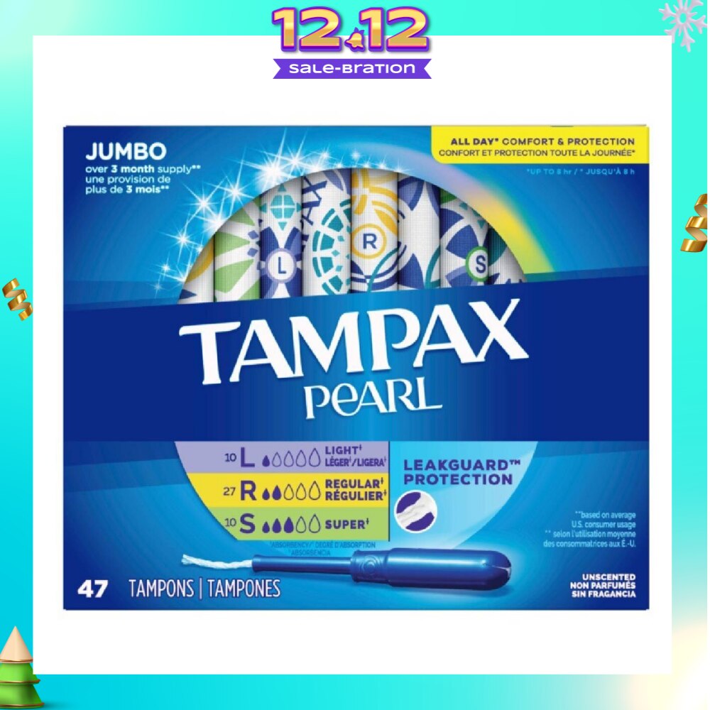 Pearl Plastic Unscented Tampon Jumbo Triple Packset consists of Light 10s + Regular 27s + Super 10s