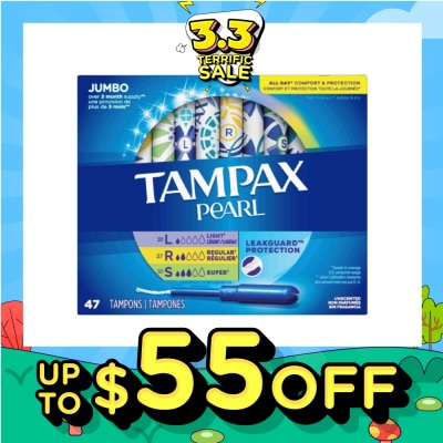 TAMPAX Pearl Plastic Unscented Tampon Jumbo Triple Packset consists of Light 10s + Regular 27s +  Super 10s