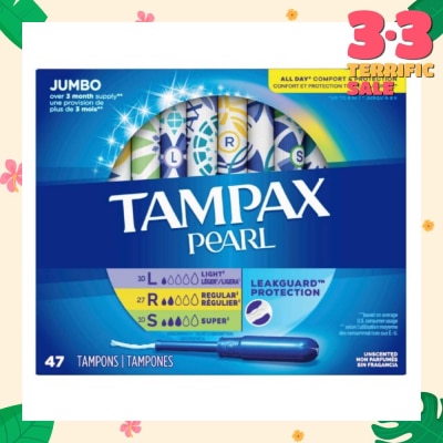 TAMPAX Pearl Plastic Unscented Tampon Jumbo Triple Packset consists of Light 10s + Regular 27s +  Super 10s