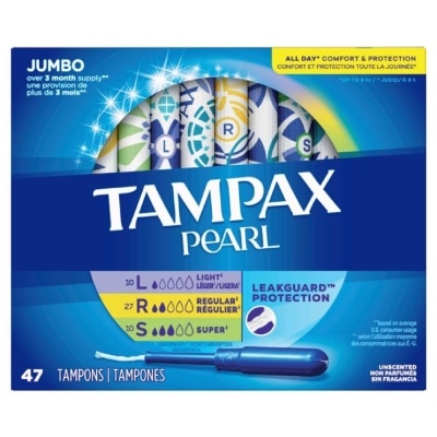 TAMPAX Pearl Plastic Unscented Tampon Jumbo Triple Packset consists of Light 10s + Regular 27s +  Super 10s