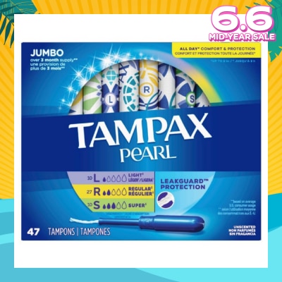TAMPAX Pearl Plastic Unscented Tampon Jumbo Triple Packset consists of Light 10s + Regular 27s +  Super 10s