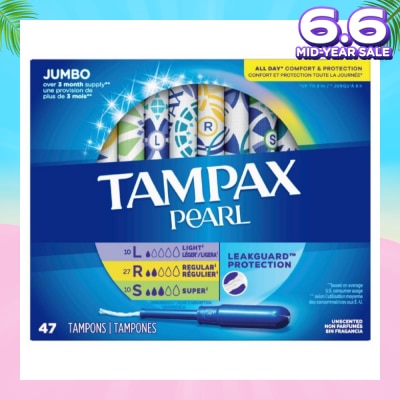 TAMPAX Pearl Plastic Unscented Tampon Jumbo Triple Packset consists of Light 10s + Regular 27s +  Super 10s
