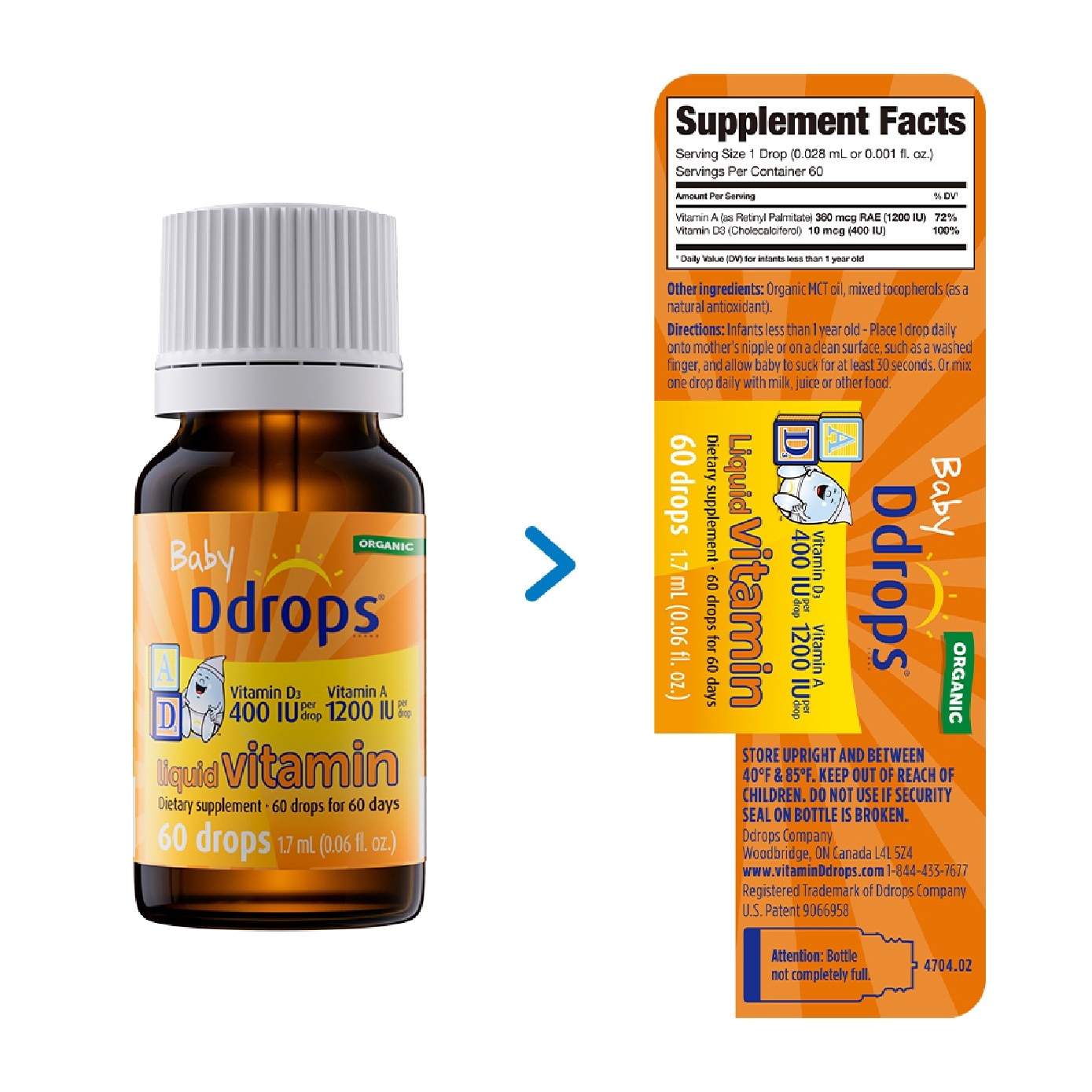 Organic Baby Liquid Vitamin A 1200 IU & D3 400 IU 60 Drops 1.7 ml