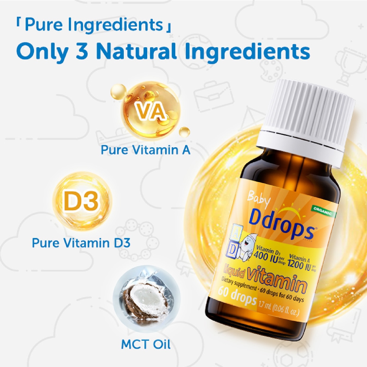 Organic Baby Liquid Vitamin A 1200 IU & D3 400 IU 60 Drops 1.7 ml