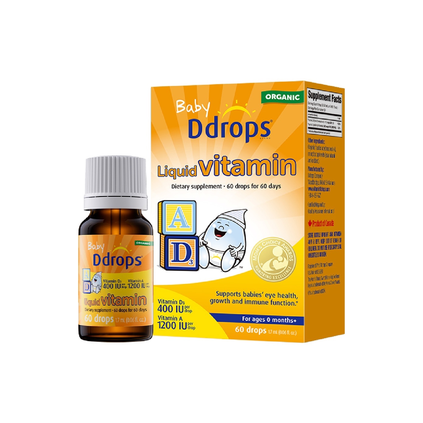 Organic Baby Liquid Vitamin A 1200 IU & D3 400 IU 60 Drops 1.7 ml