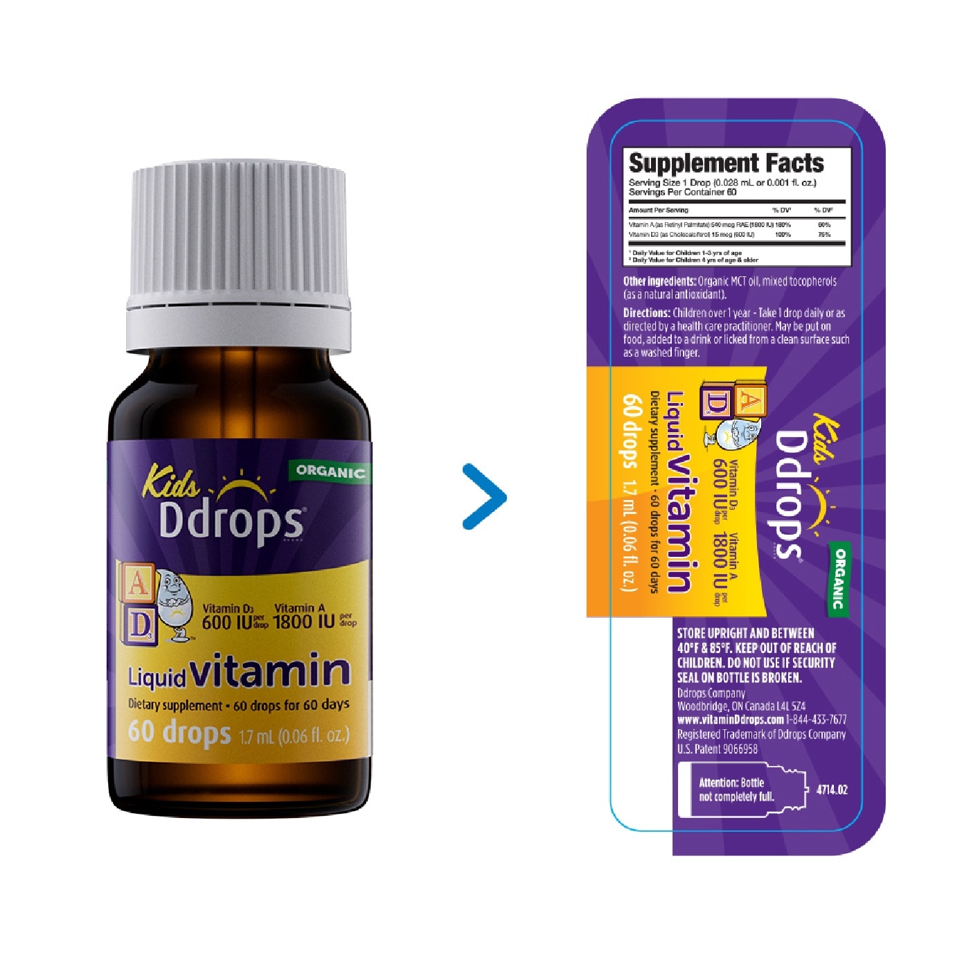 Organic Kids Liquid Vitamin A 1800 IU & D3 600 IU 60 Drops 1.7 ml