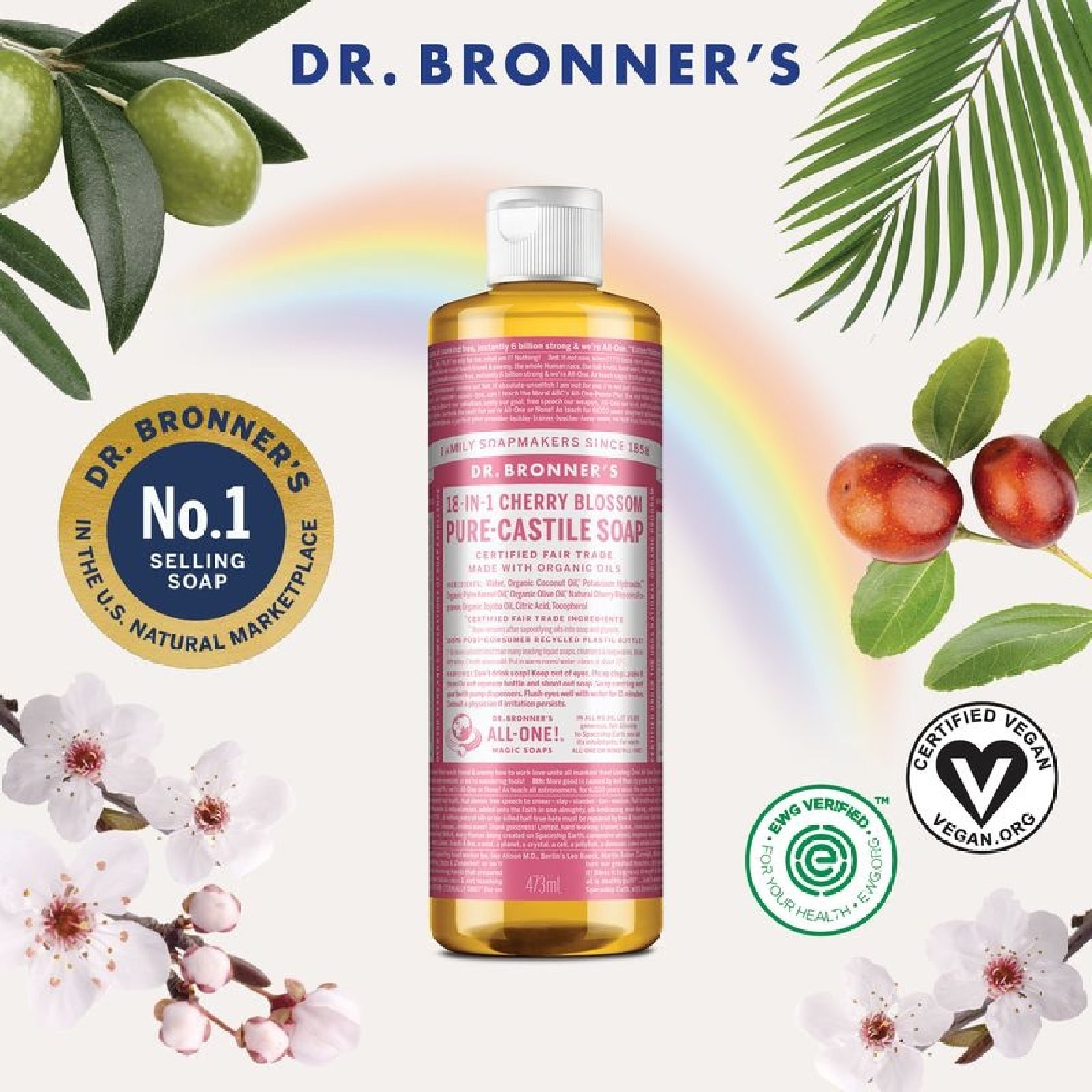 18-In-1 Cherry Blossom Pure-Castile Organic Liquid Soap 473ml