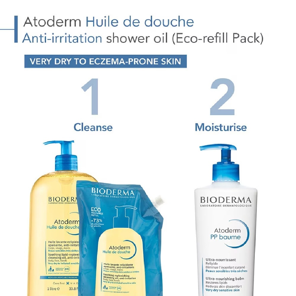 Atoderm Huile De Douche Anti-Irritation Face & Body Cleansing Shower Oil Eco Refill Pack 1L x 2s + Family Pouch