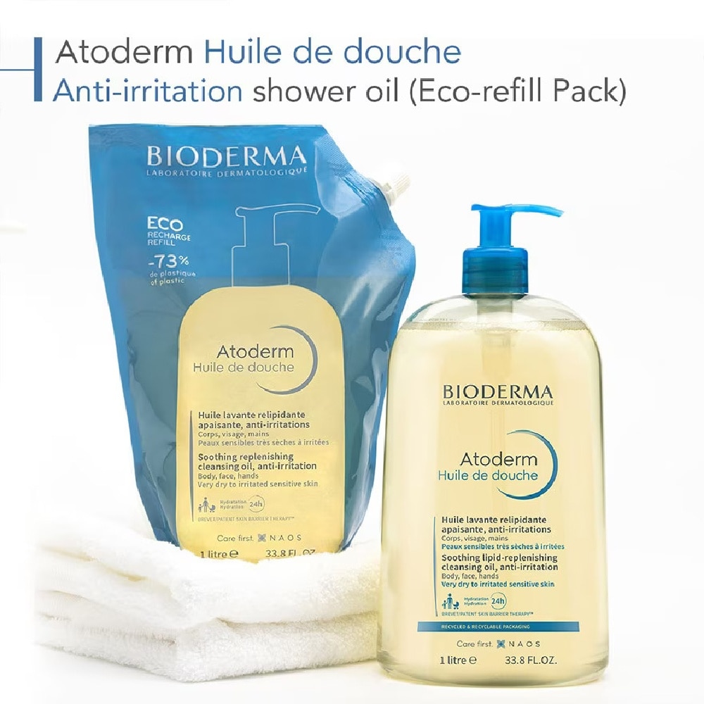 Atoderm Huile De Douche Anti-Irritation Face & Body Cleansing Shower Oil Eco Refill Pack 1L x 2s + Family Pouch
