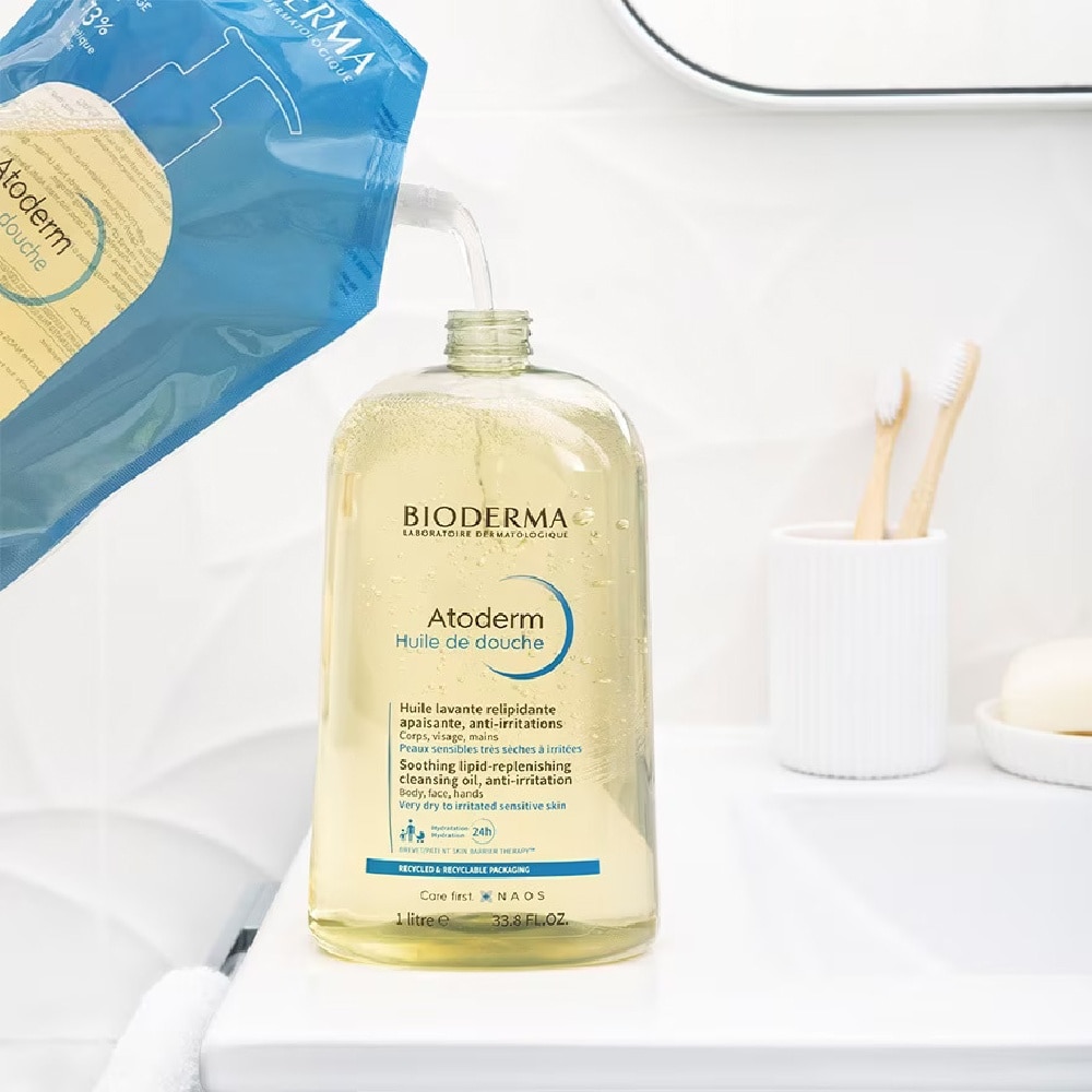 Atoderm Huile De Douche Anti-Irritation Face & Body Cleansing Shower Oil Eco Refill Pack 1L x 2s + Family Pouch