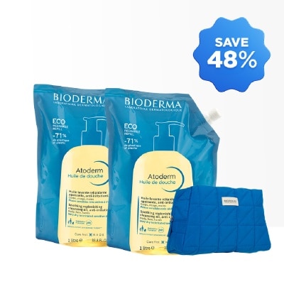 BIODERMA Atoderm Huile De Douche Anti-Irritation Face & Body Cleansing Shower Oil Eco Refill Pack 1L x 2s + Family Pouch