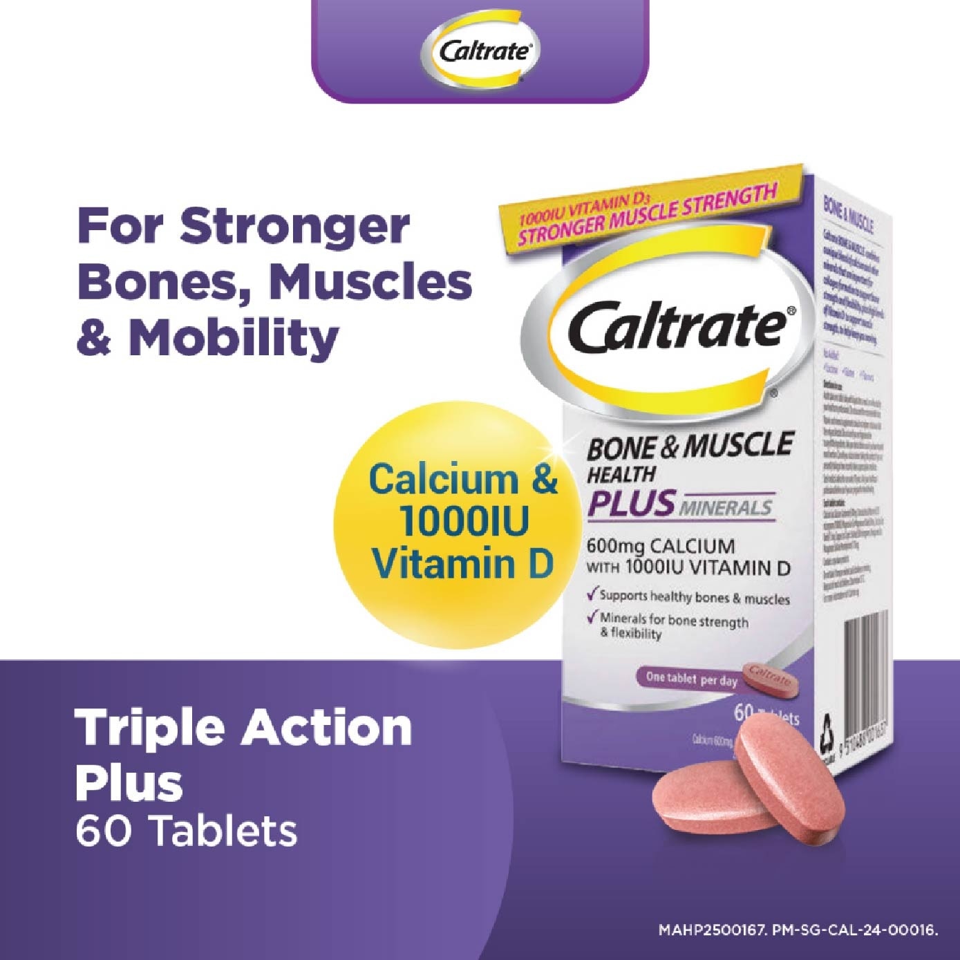 Bone & Muscle Health Plus Triple Action Calcium + 1000IU Vitamin D + Minerals Supplement Tablet 60s