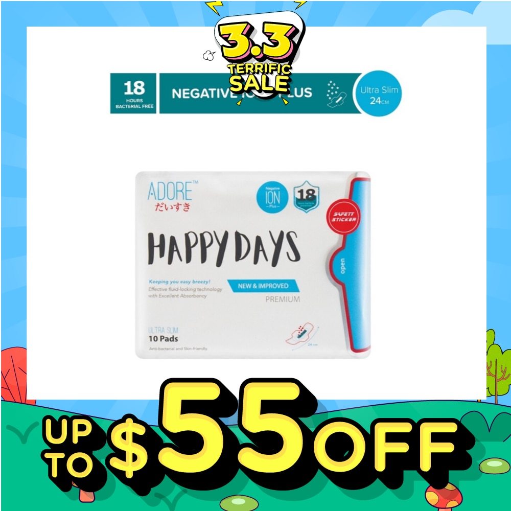 Happy Days Ultra Slim Negative Ions Plus Sanitary Pad 24cm (For Daily use) 10s