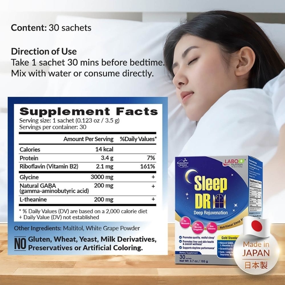Sleep DR Melatonin-free Sleep Aid with Natural GABA, L-theanine, Glycine Sachet (Insomnia, Relaxation, Stress) 30s image