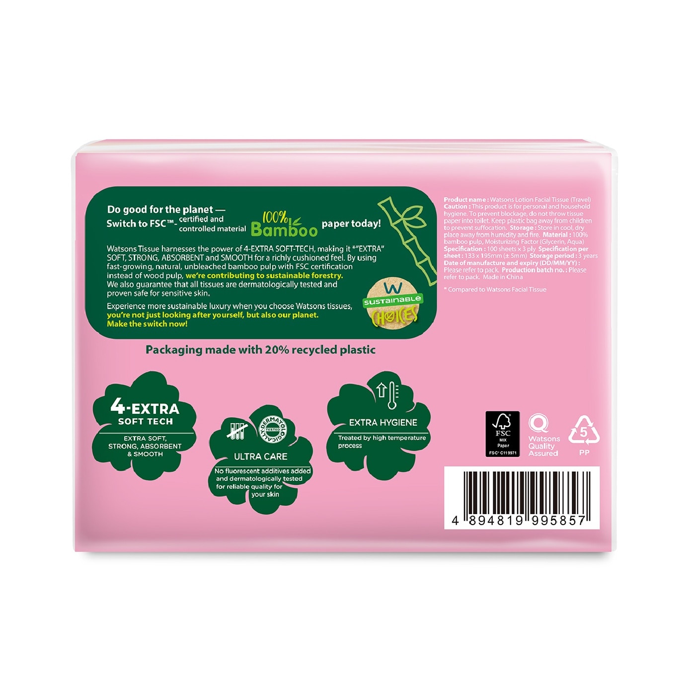 100% Bamboo Lotion Facial Travel Tissue 3 Ply x 100s x 4