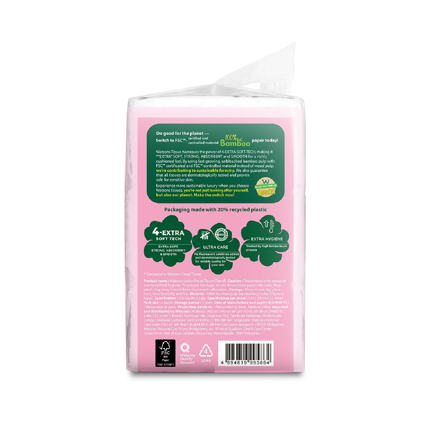 100% Bamboo Lotion Facial Travel Tissue 3 Ply x 100s x 4