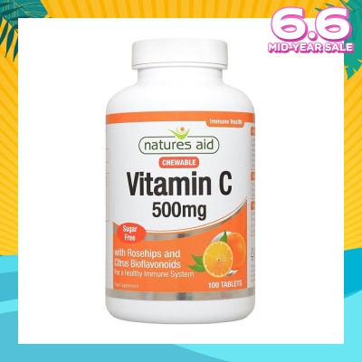 NATURES AID Chewable Vitamin C Tablets 500mg Sugar Free with Rosehips and Citrus Bioflavonoids (For Healthy Immune System) 100s