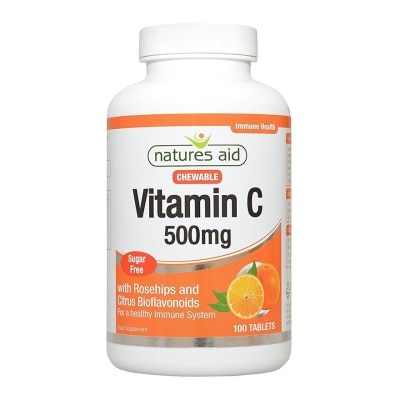 NATURES AID Chewable Vitamin C Tablets 500mg Sugar Free with Rosehips and Citrus Bioflavonoids (For Healthy Immune System) 100s