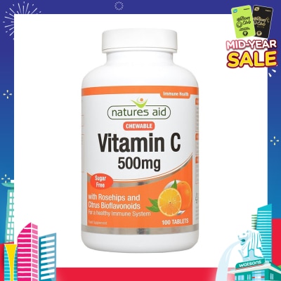 NATURES AID Chewable Vitamin C Tablets 500mg Sugar Free with Rosehips and Citrus Bioflavonoids (For Healthy Immune System) 100s