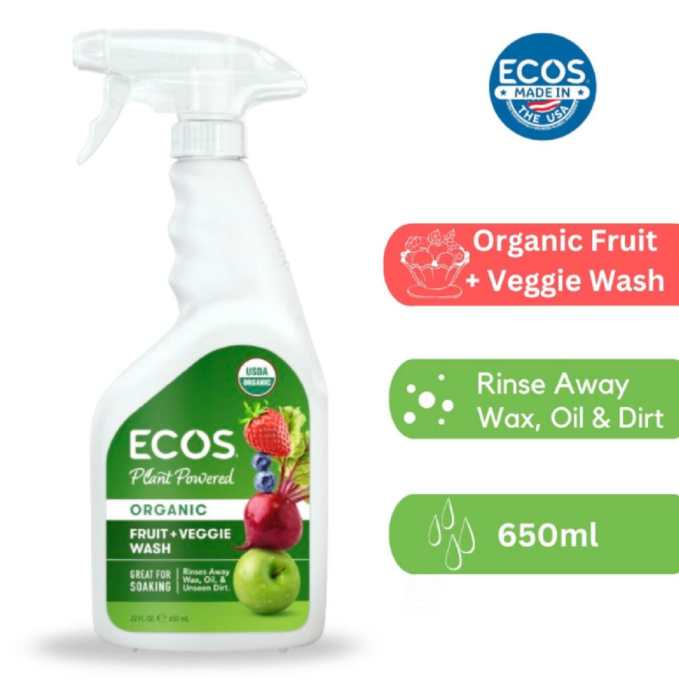ECOS Plant Powered OrganicFruit + Veggie Wash (Rinse Away Wax, Oil