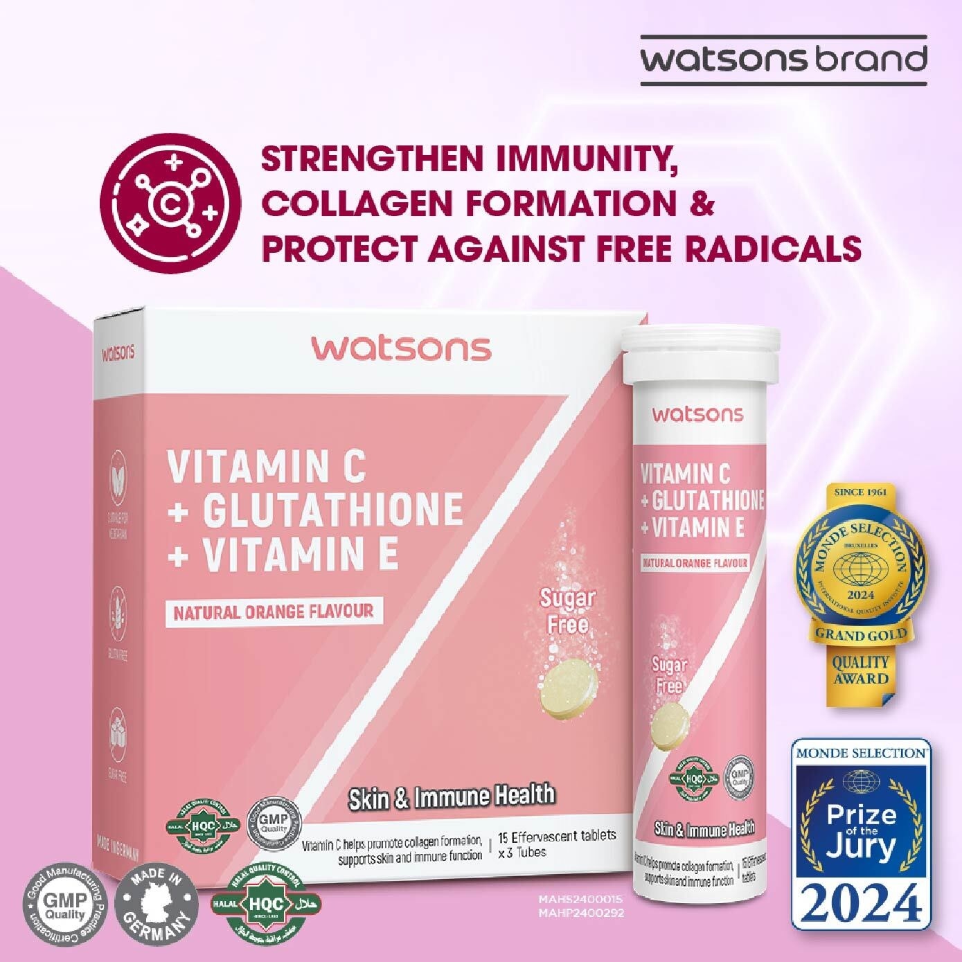 WATSONS Vitamin C + Glutathione + Vitamin E Effervescent Tablet  (Sugar-Free, Skin & Immune Health, Halal-Certified) 15s x 3 Tubes (Expiry:  Feb 2027) | Vitamins & Supplements