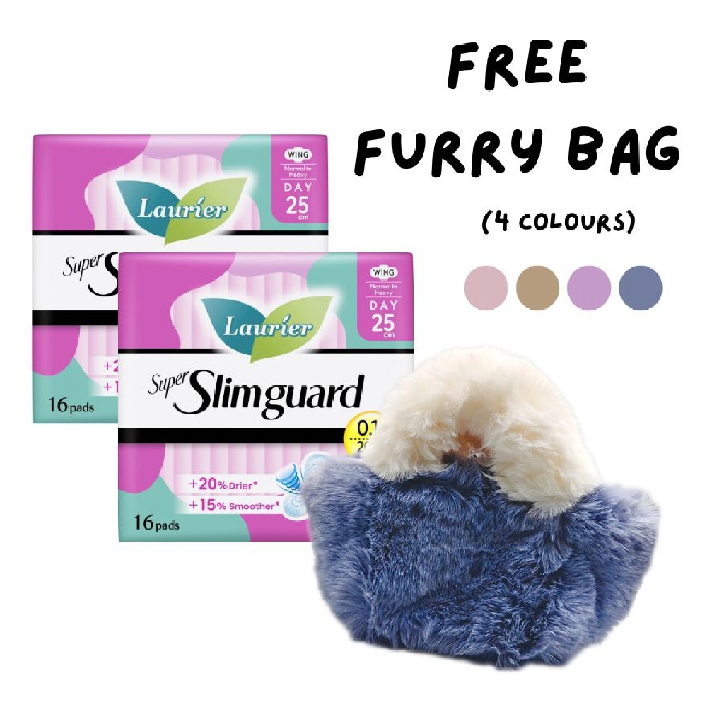 LAURIER Super Slimguard Day 25cm TwinPack With Mini Furry Bag (16s